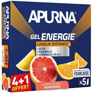 Boîte de 4 gels énergétiques + 1 gratuit - Apurna Gel Energie Longue Distance Agrumes