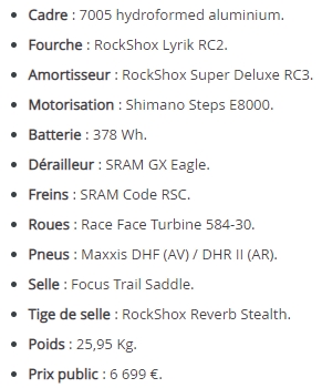 VTT électrique Focus Sam2 6.9 - Caractéristiques